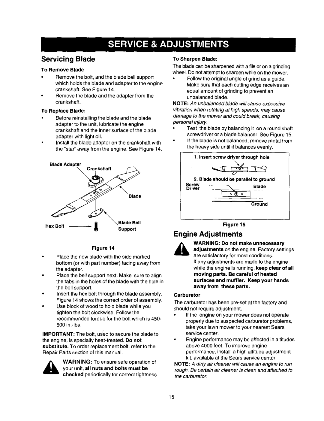 Craftsman 247.388250 owner manual Servicing Blade, Engine Adjustments 