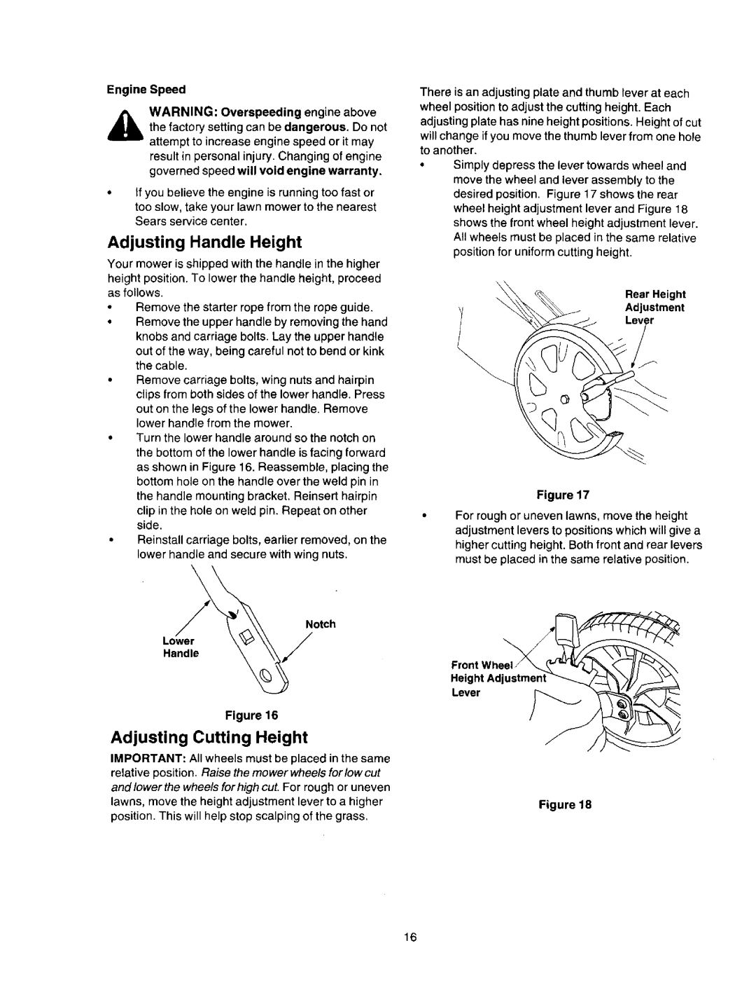 Craftsman 247.388250 owner manual Adjusting Handle Height, Adjusting Cutting Height 