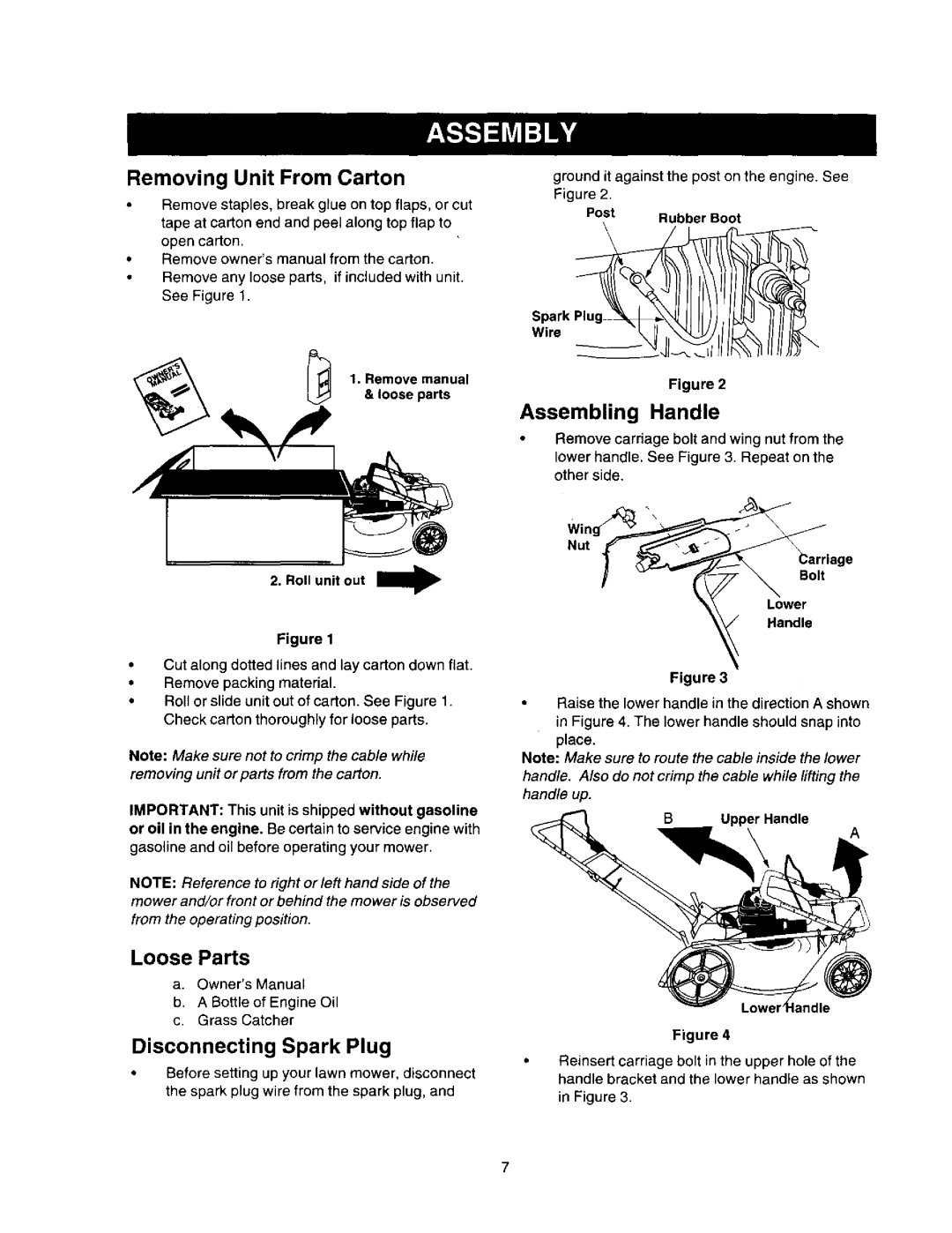 Craftsman 247.388250 owner manual Removing Unit From Carton, Loose Parts, Disconnecting Spark Plug, Assembling Handle 