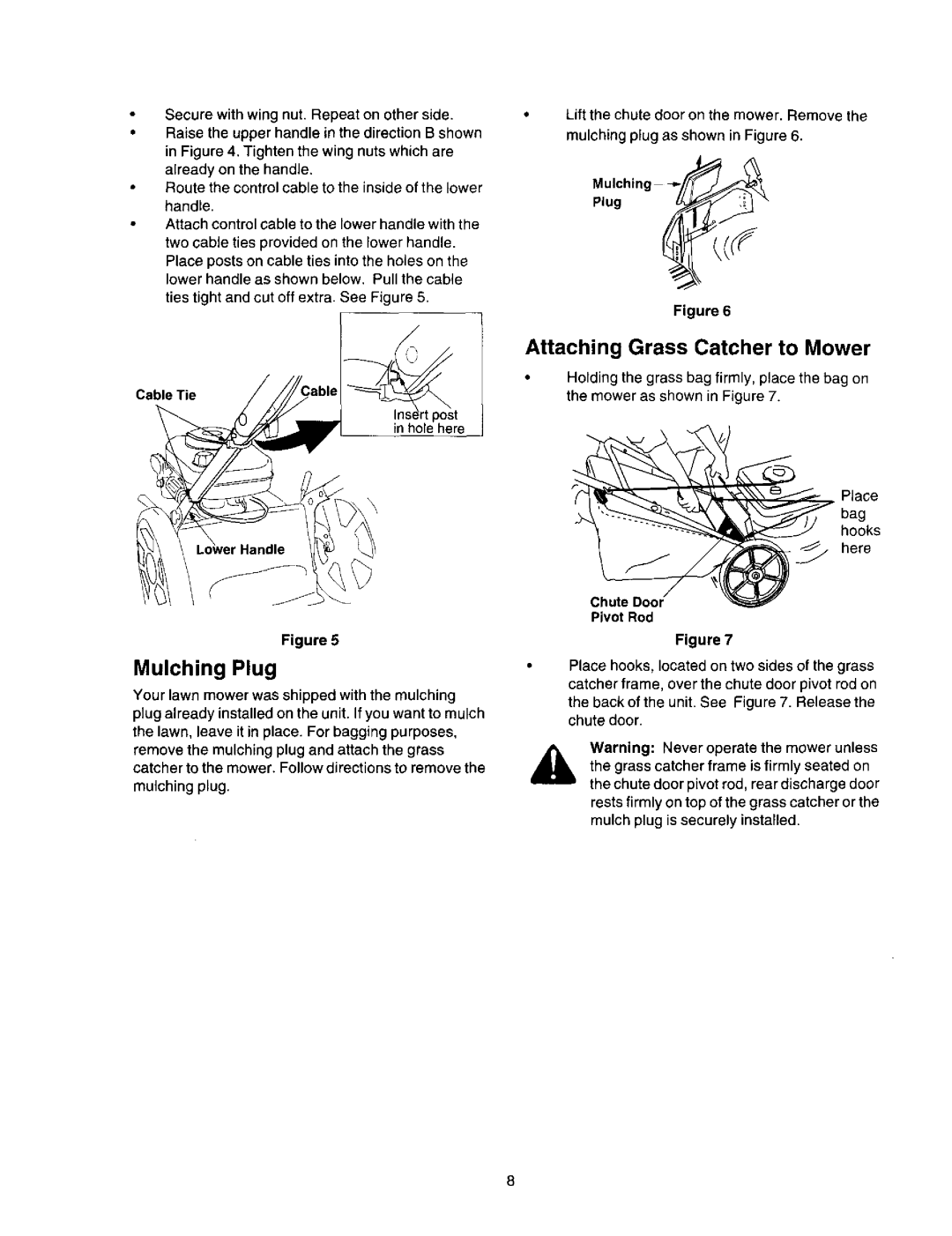 Craftsman 247.388250 owner manual Mulching Plug, Attaching Grass Catcher to Mower, Chute Door Pivot Rod 