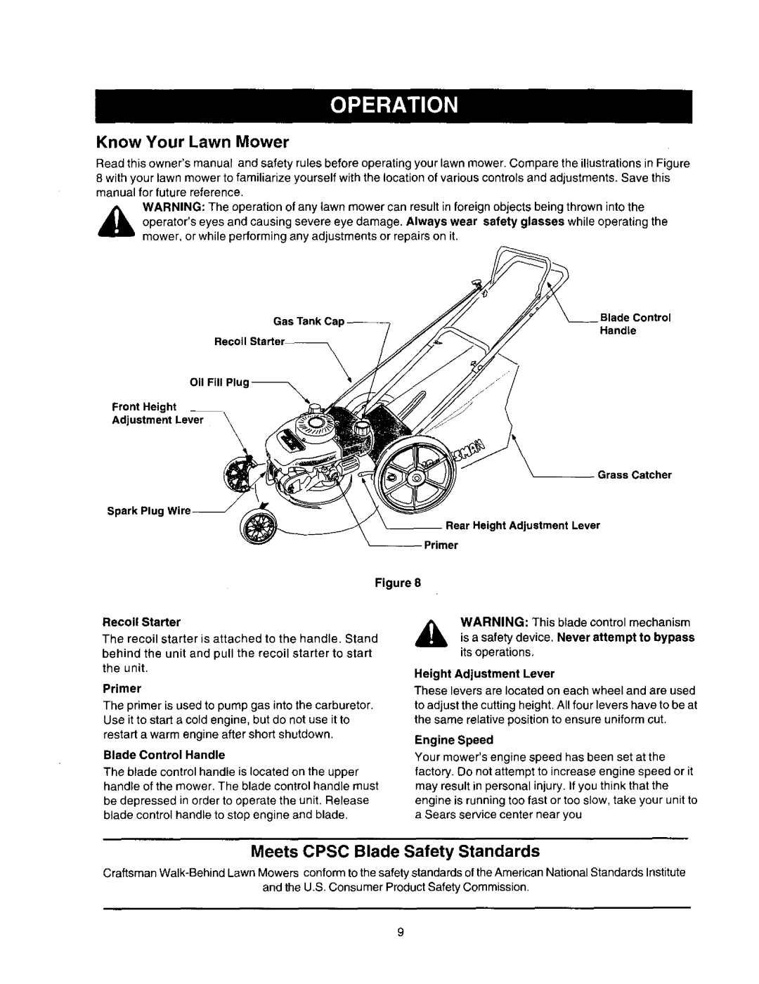 Craftsman 247.388250 owner manual Know Your Lawn Mower, Meets Cpsc Blade Safety Standards 