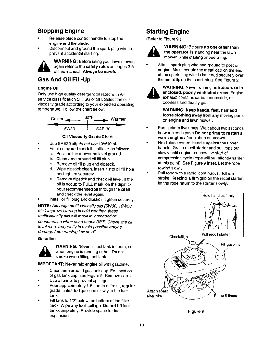 Craftsman 247.388250 owner manual Stopping Engine, Gas And Oil Fill-Up, Starting Engine 