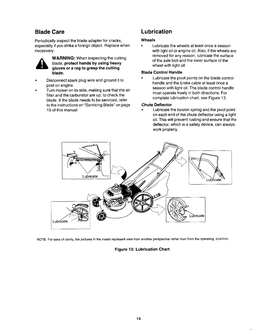 Craftsman 247.388250 owner manual Blade Care, Lubrication, gloves or a rag to grasp the cutting blade, Chute Deflector 