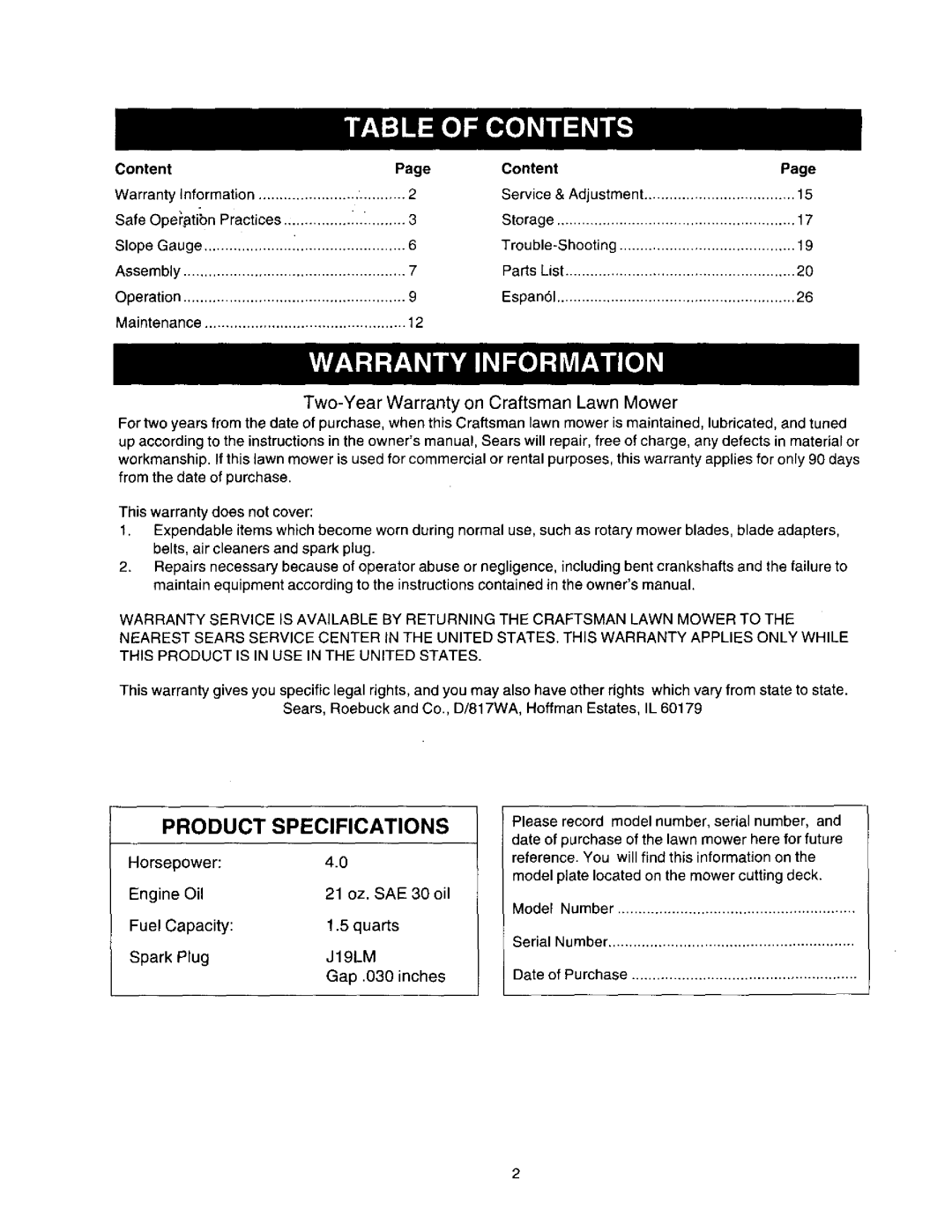 Craftsman 247.388250 owner manual Product, Specifications, Content, Page 