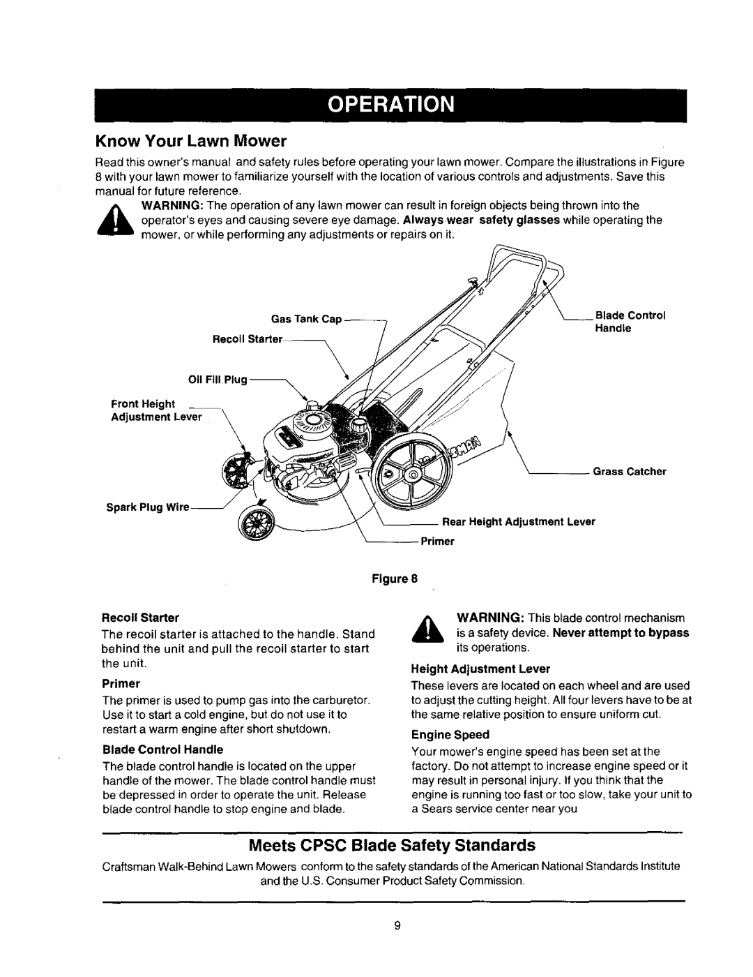 Craftsman 247.388250 owner manual Know Your Lawn Mower, Meets CPSC Blade Safety Standards 
