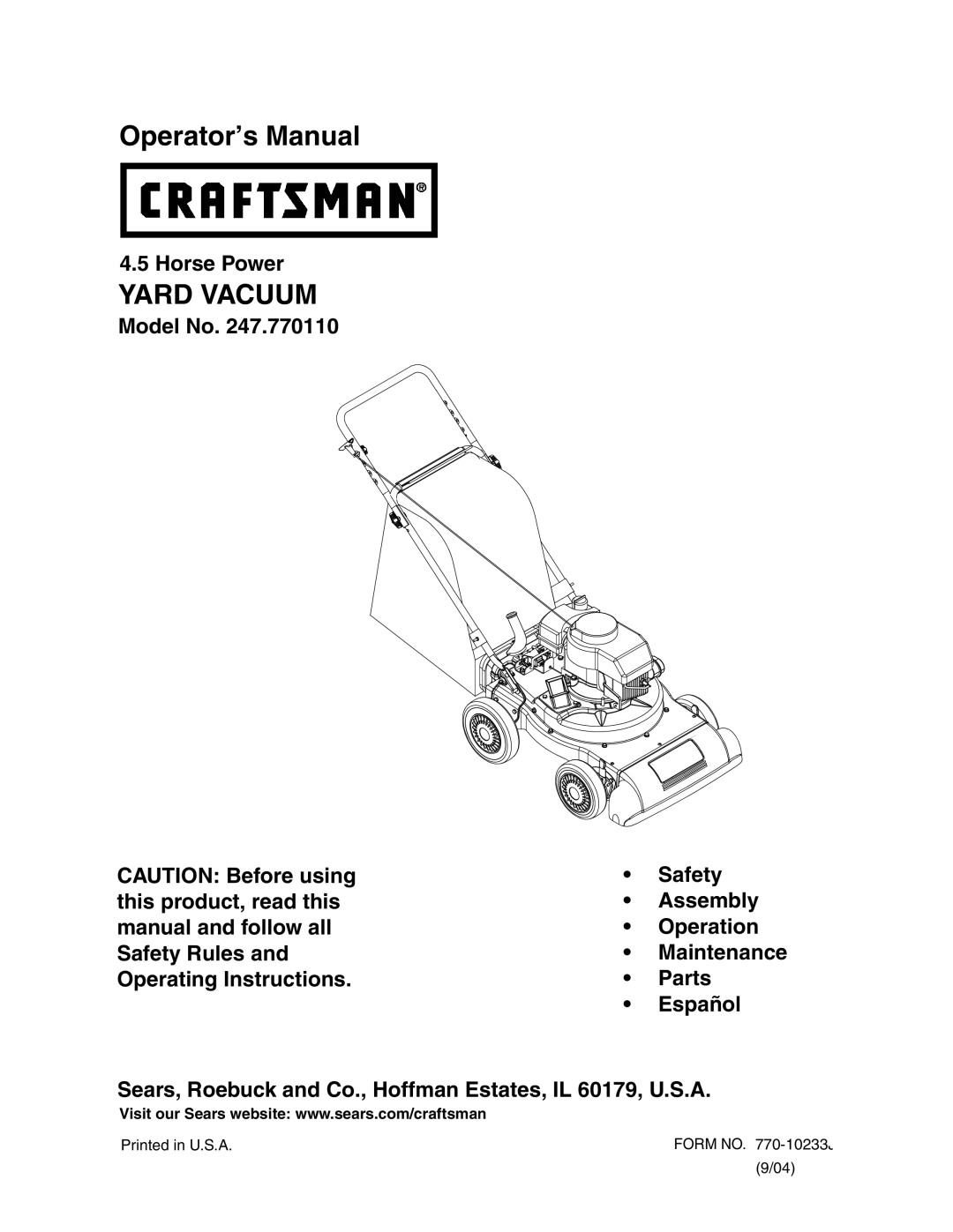 Craftsman 247.77011 manual Yard Vacuum 