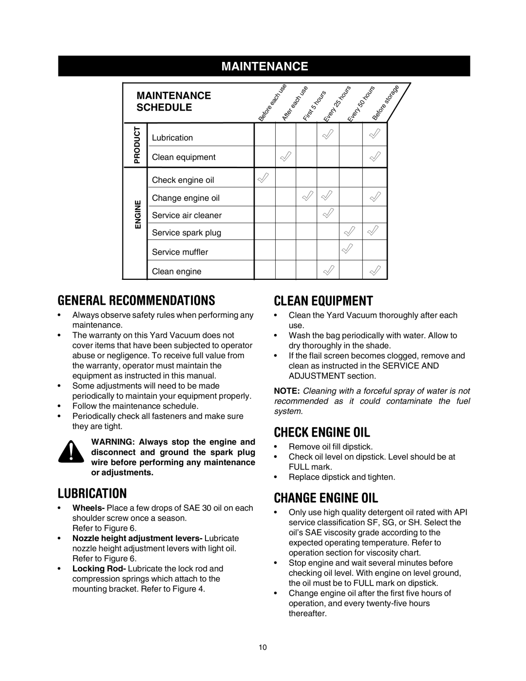 Craftsman 247.77011 manual General Recommendations, Clean Equipment, Check Engine OIL, Lubrication, Change Engine OIL 