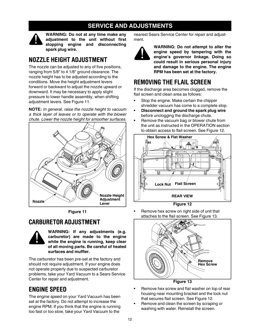 Craftsman 247.77011 manual Nozzle Height Adjustment, Carburetor Adjustment, Engine Speed, Removing the Flail Screen 