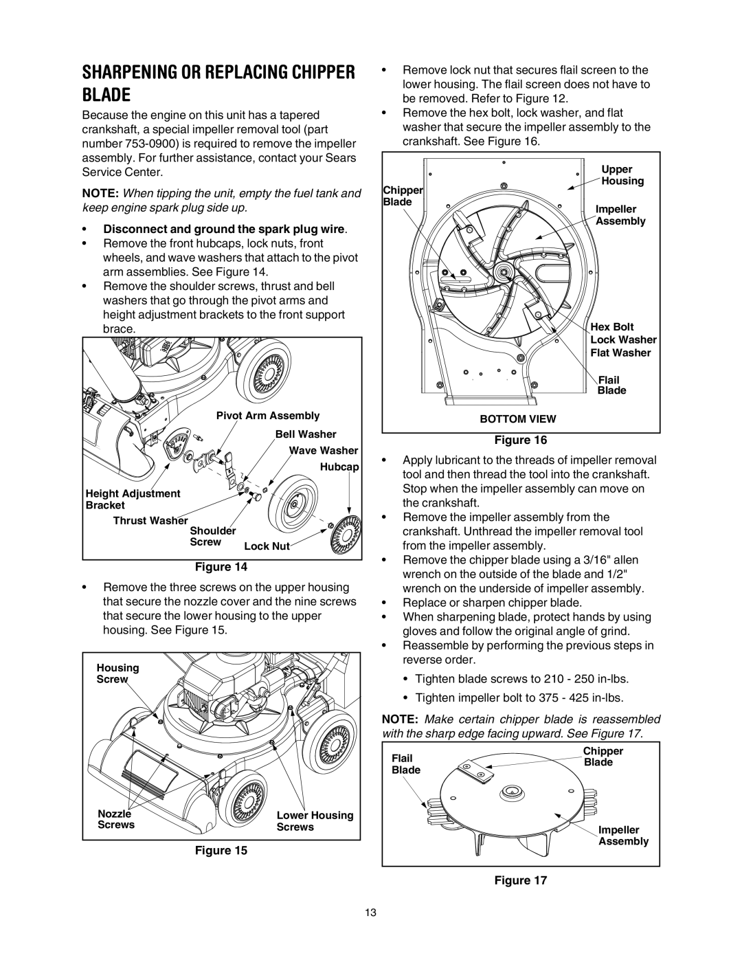 Craftsman 247.77011 manual Sharpening or Replacing Chipper Blade, Disconnect and ground the spark plug wire 