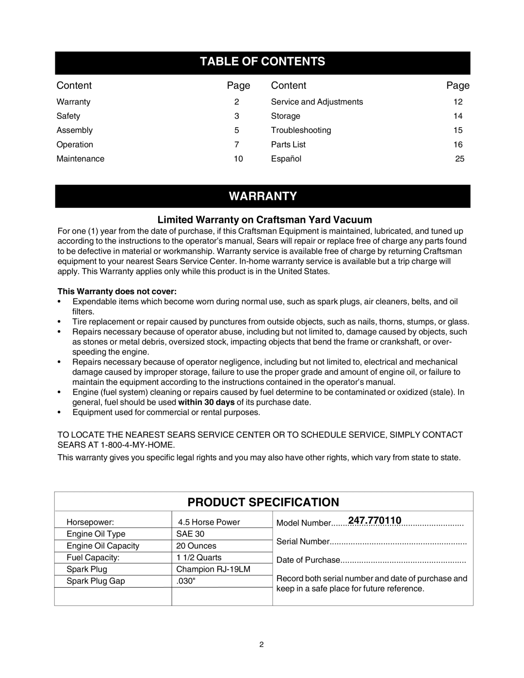 Craftsman 247.77011 manual Table of Contents, Warranty 