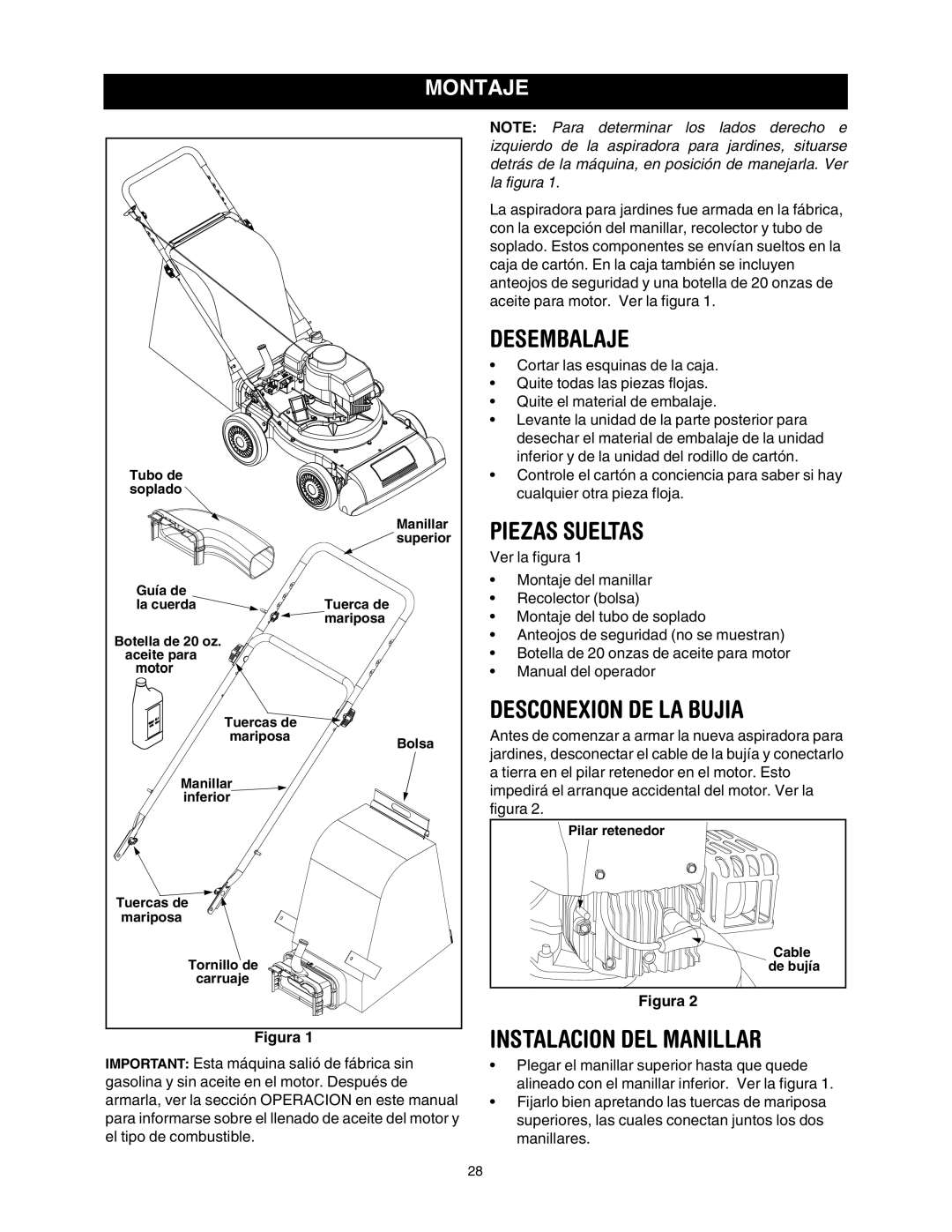 Craftsman 247.77011 manual Desembalaje, Piezas Sueltas, Desconexion DE LA Bujia, Instalacion DEL Manillar, Montaje 