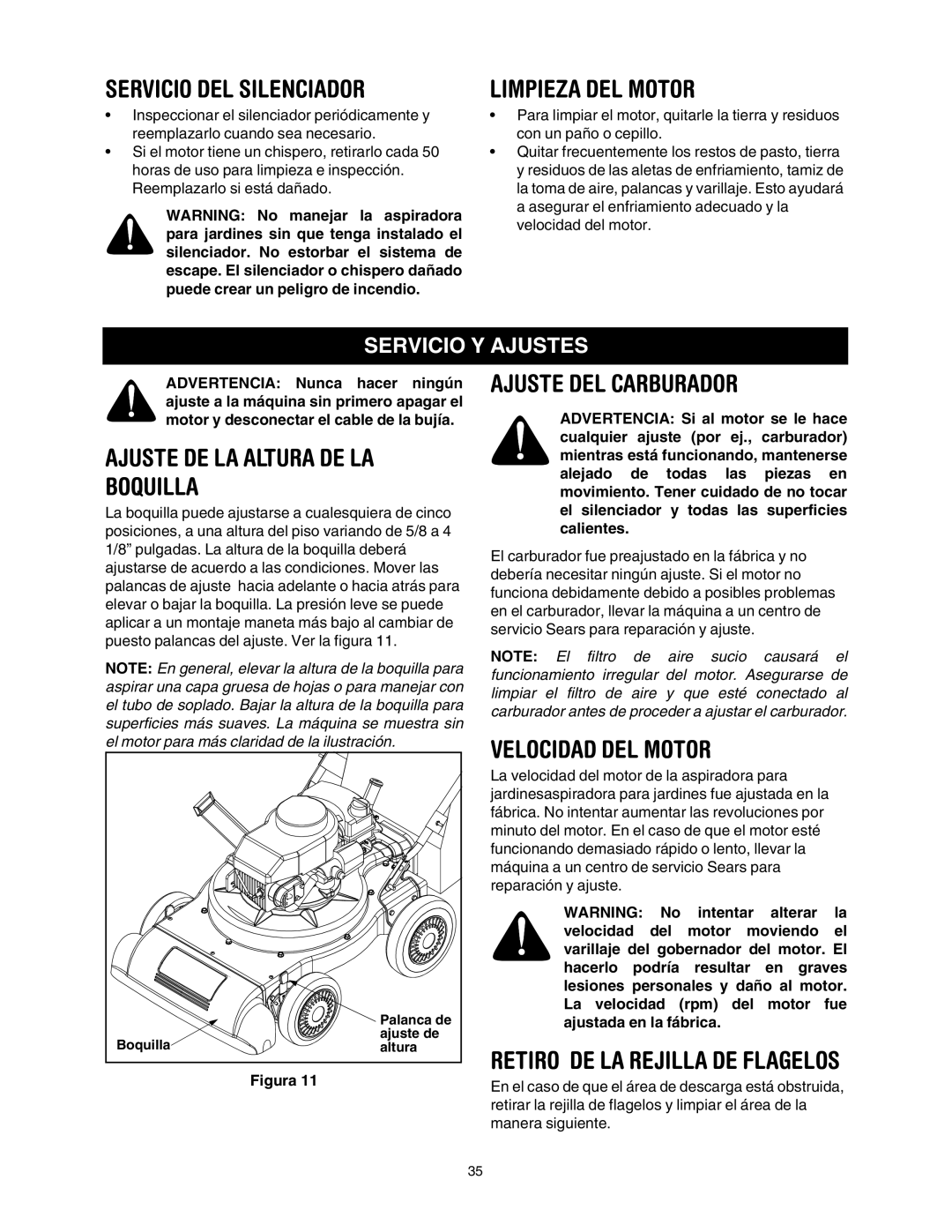 Craftsman 247.77011 manual Servicio DEL Silenciador, Limpieza DEL Motor, Ajuste DEL Carburador, Velocidad DEL Motor 