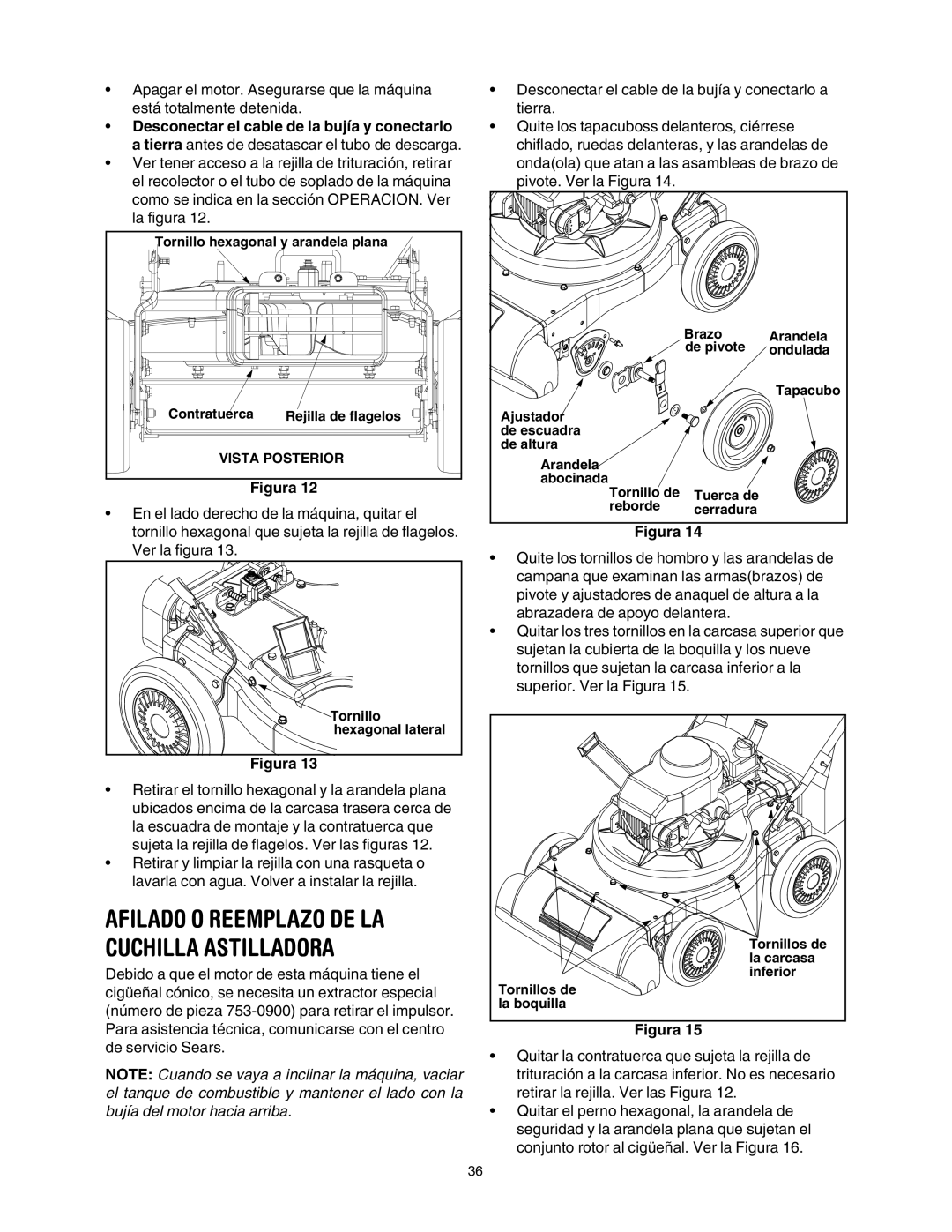 Craftsman 247.77011 manual Afilado O Reemplazo DE LA, Cuchilla Astilladora, Desconectar el cable de la bujía y conectarlo 