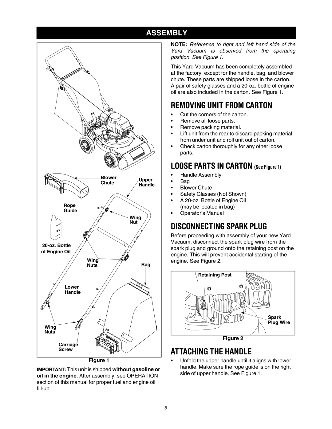 Craftsman 247.77011 manual Removing Unit from Carton, Disconnecting Spark Plug, Attaching the Handle, Assembly 