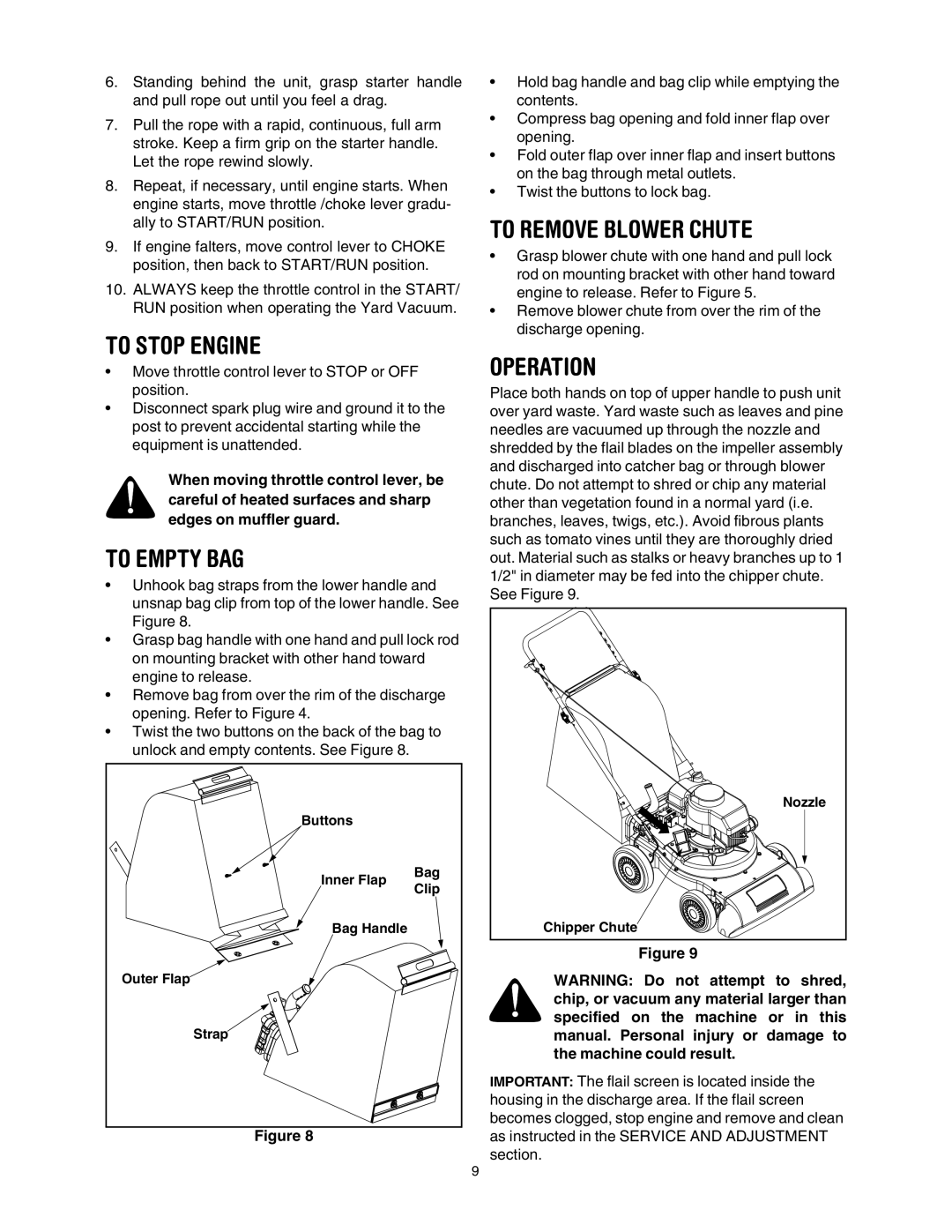 Craftsman 247.77011 manual To Stop Engine, To Empty BAG, To Remove Blower Chute 