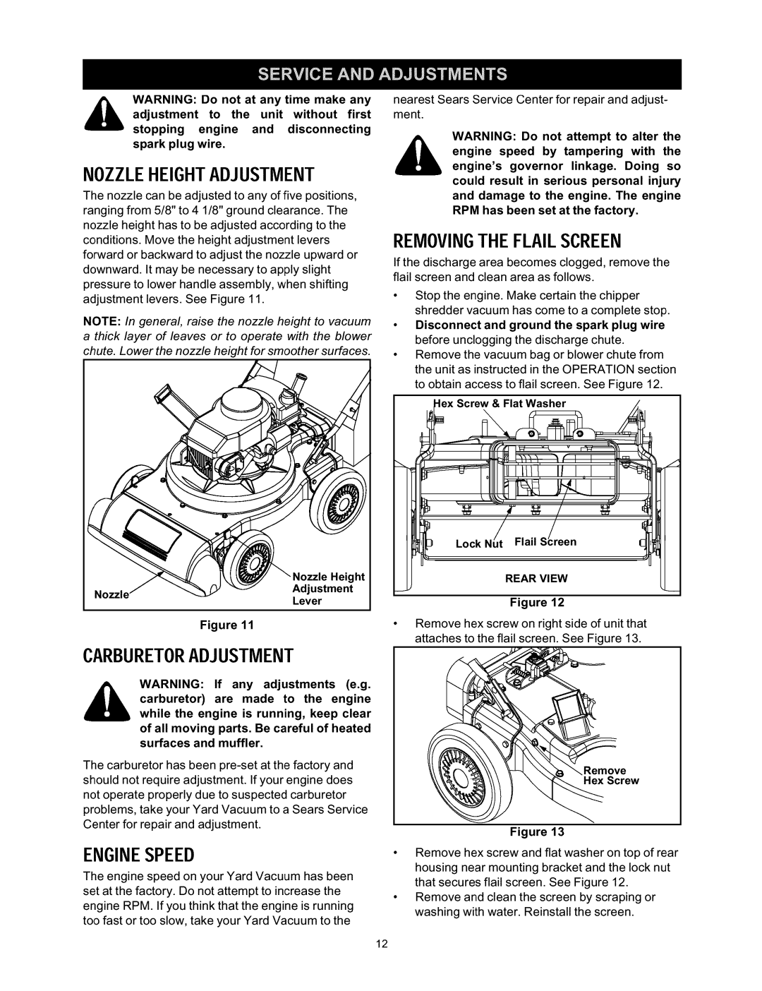 Craftsman 247.770110 manual Nozzleheightadjustment, Carburetoradjustment, Enginespeed, Removingthe Flailscreen 