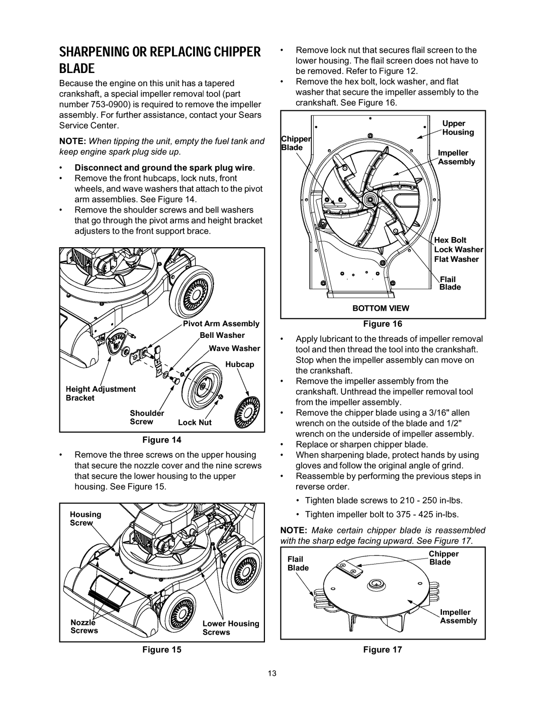 Craftsman 247.770110 manual Sharpeningorreplacingchipper Blade, Disconnect and ground the spark plug wire, Assembly 