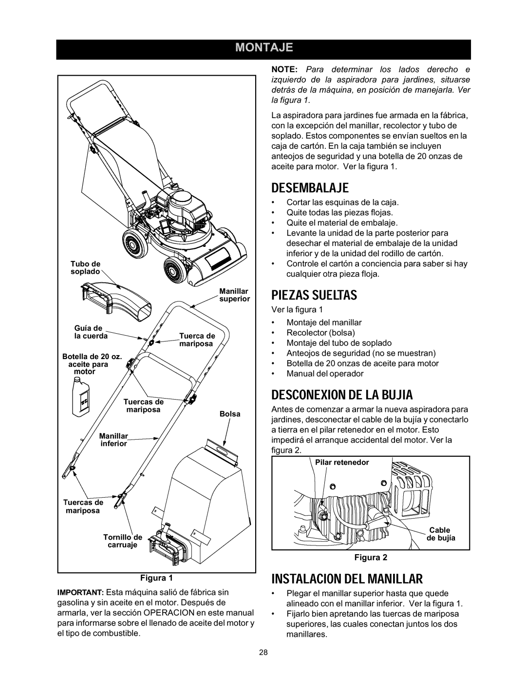 Craftsman 247.770110 manual Desembalaje, Desconexionde LA Bujia, Instalaciondelmanillar 