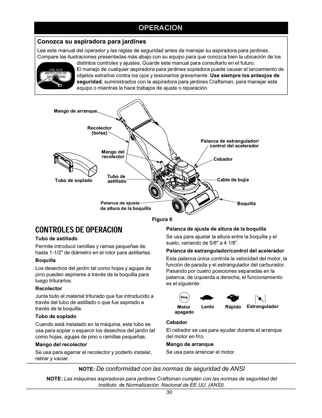 Craftsman 247.770110 manual Controlesdeoperacion, Tubo de astillado, Boquilla, Palanca de ajuste de altura de la boquilla 