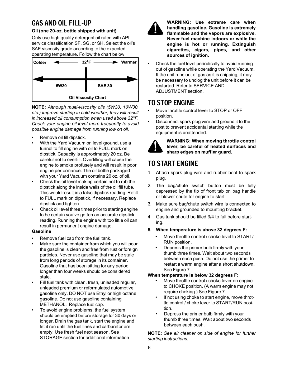 Craftsman 247.770110 manual Gasandoilfill-Up, To Stopengine, To Startengine, Oil one 20-oz. bottle shipped with unit 