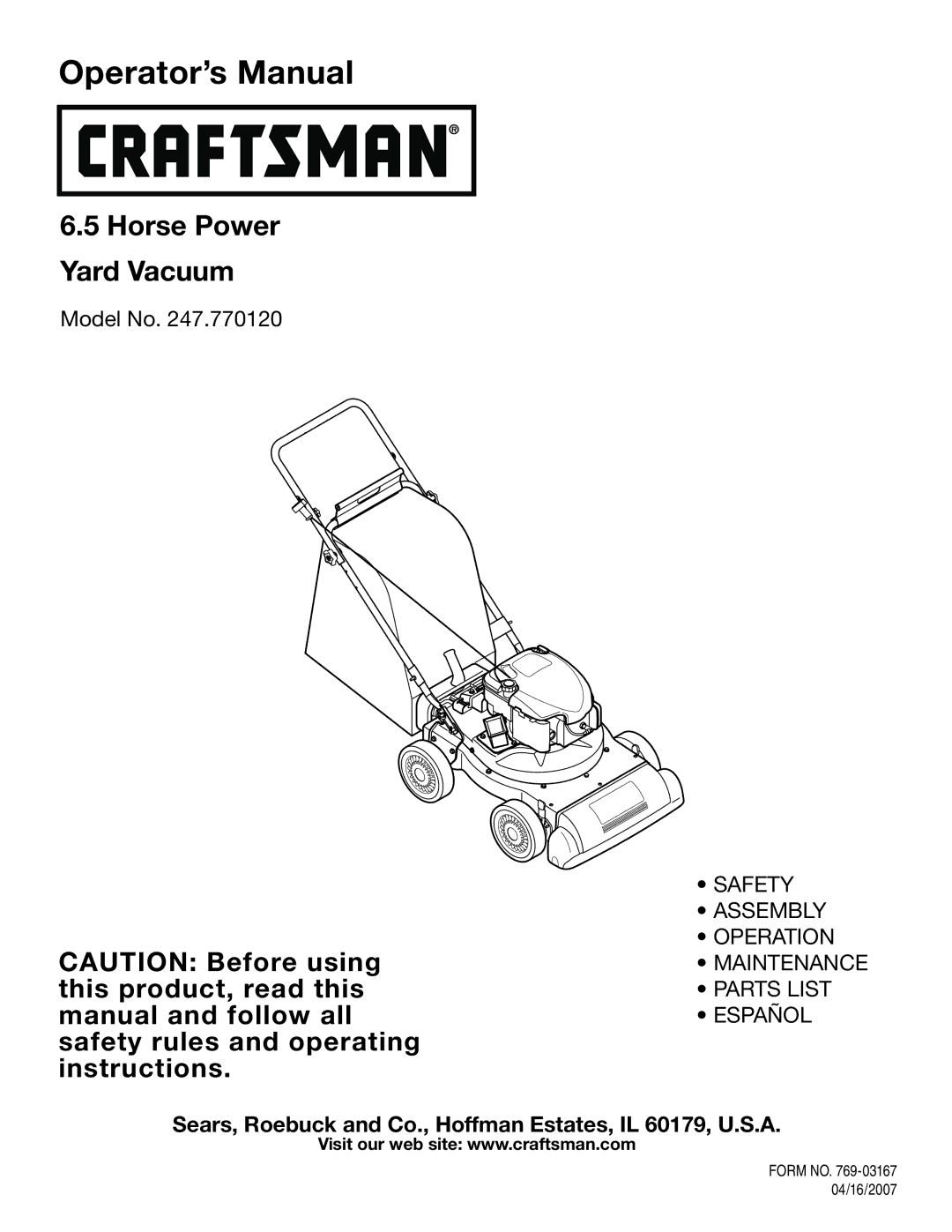 Craftsman 247.77012 manual Operator’s Manual 