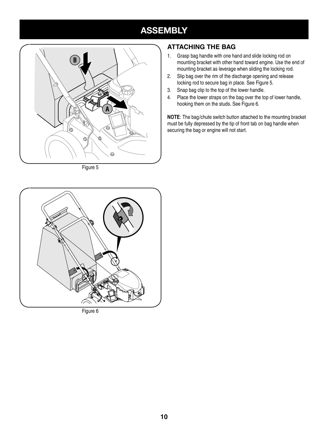 Craftsman 247.77012 manual Attaching the BAG, Snap bag clip to the top of the lower handle 