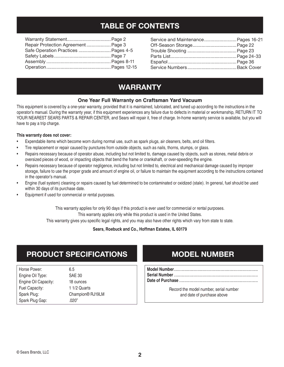 Craftsman 247.77012 manual Table of Contents, Warranty, Product Specifications, Model Number 