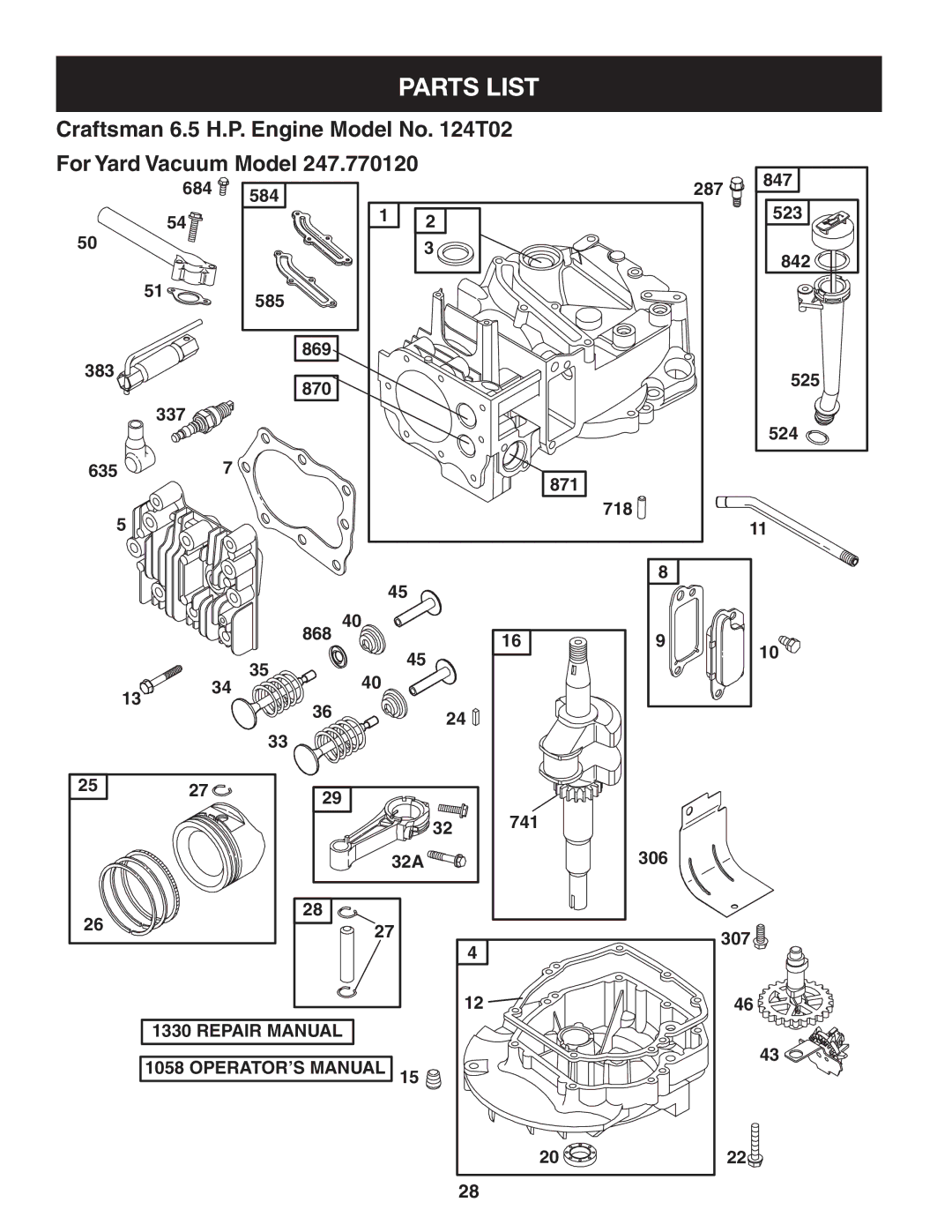 Craftsman 247.77012 manual Craftsman 6.5 H.P. Engine Model No T02 For Yard Vacuum Model 