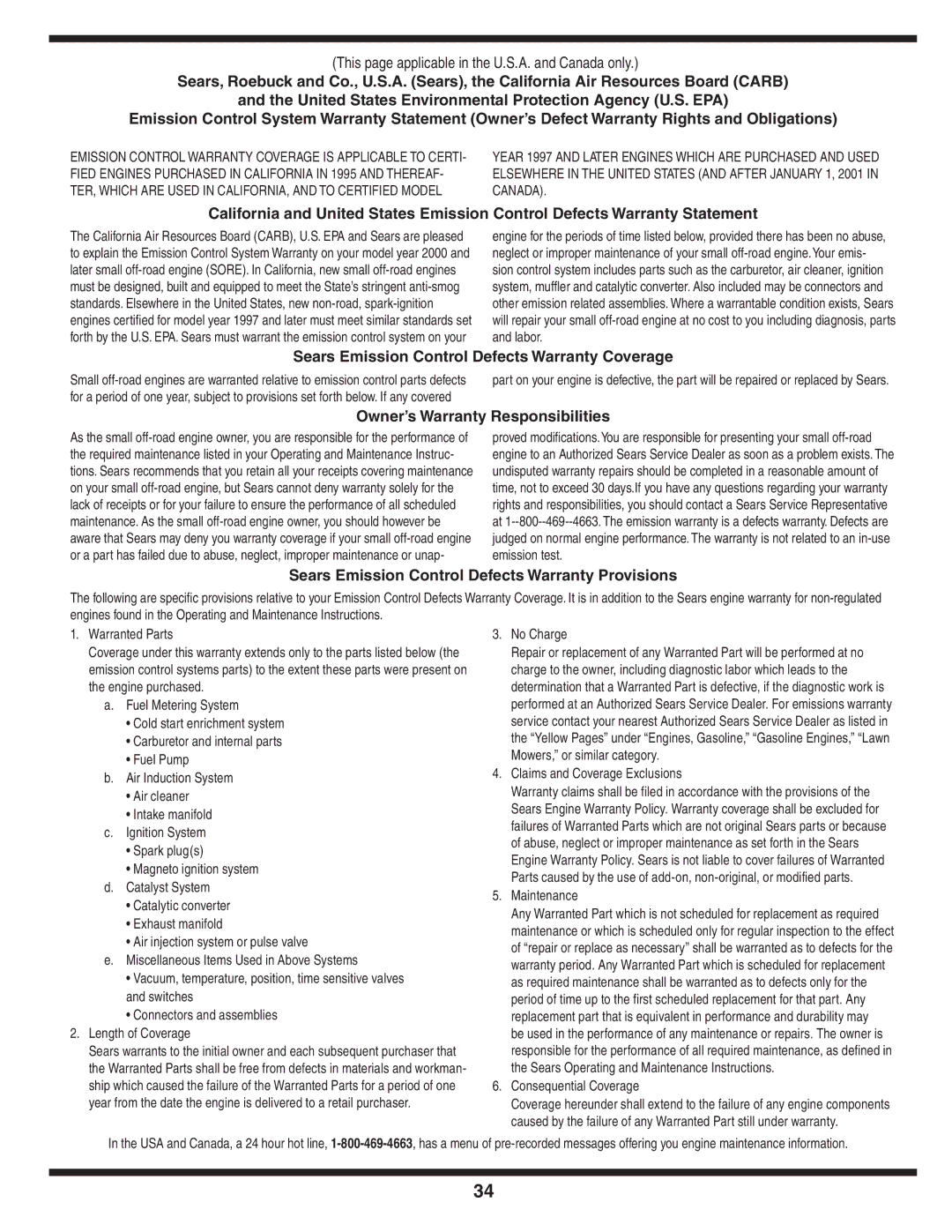 Craftsman 247.77012 This page applicable in the U.S.A. and Canada only, Sears Emission Control Defects Warranty Coverage 