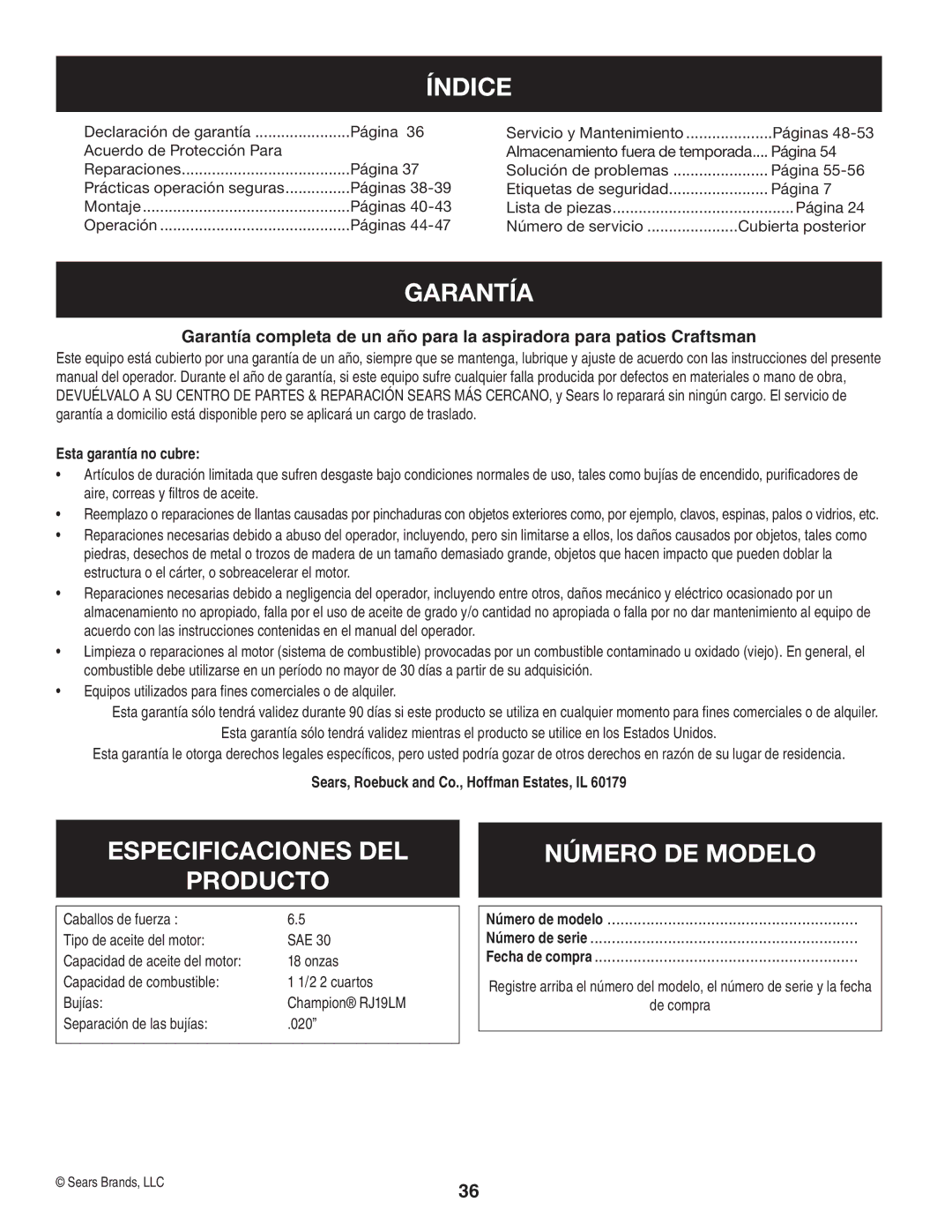 Craftsman 247.77012 manual Índice, Garantía, Especificaciones DEL Producto, Número DE Modelo, Esta garantía no cubre 