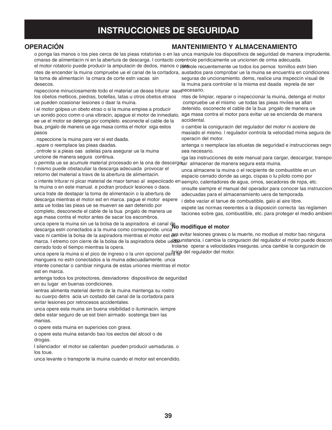 Craftsman 247.77012 manual Operación, Mantenimiento y almacenamiento, No modifique el motor 