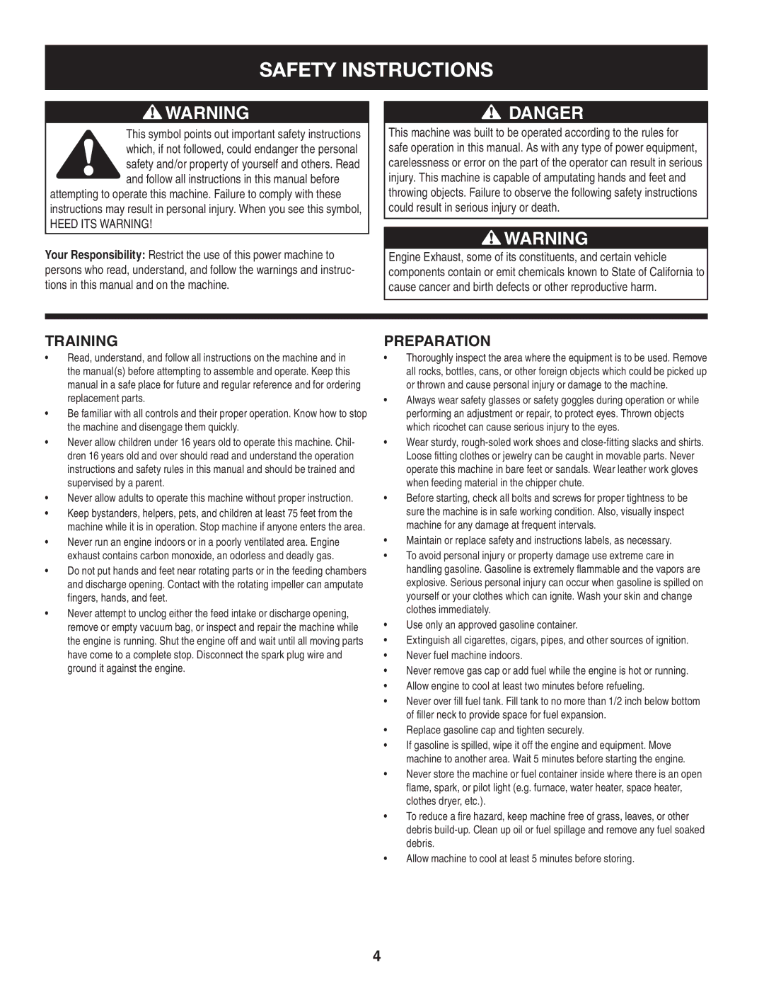 Craftsman 247.77012 manual Safety Instructions, Training, Preparation 