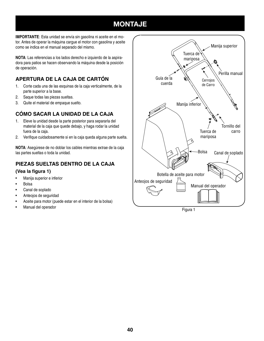 Craftsman 247.77012 manual Montaje, Apertura DE LA Caja DE Cartón, Cómo Sacar LA Unidad DE LA Caja, Vea la figura 