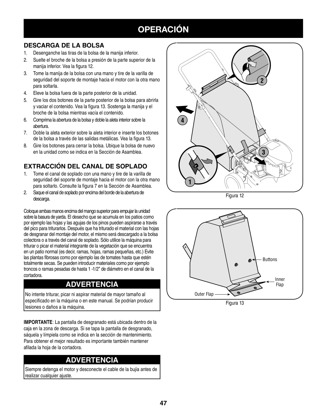 Craftsman 247.77012 manual Descarga DE LA Bolsa, Extracción DEL Canal DE Soplado, Cortadora 