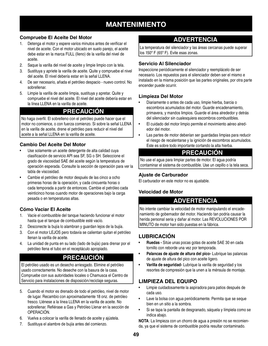 Craftsman 247.77012 manual Lubricación, Limpieza DEL Equipo 