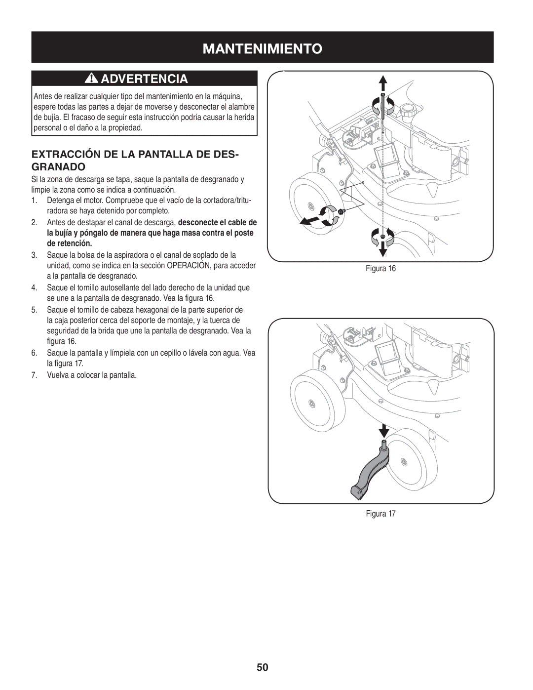 Craftsman 247.77012 manual Extracción DE LA Pantalla DE DES Granado 