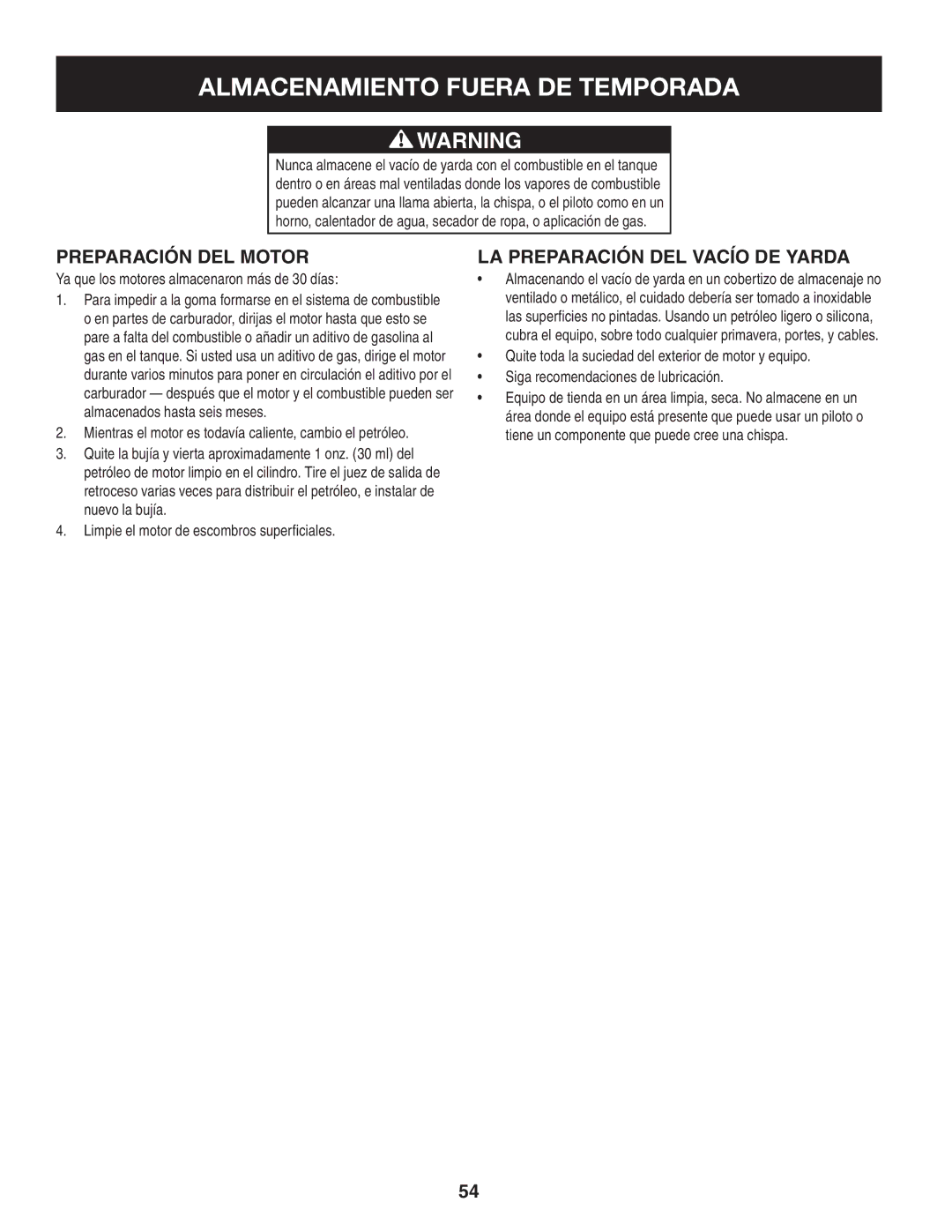 Craftsman 247.77012 manual Almacenamiento Fuera DE Temporada, Preparación del Motor, La preparación del vacío de yarda 