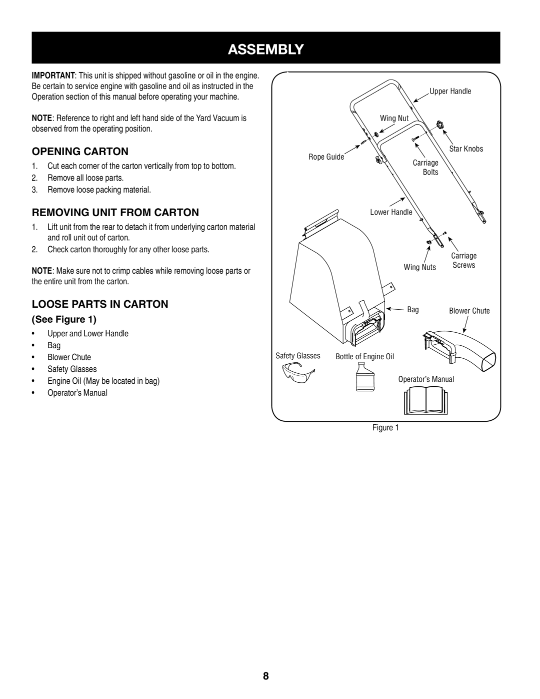 Craftsman 247.77012 manual Assembly, Opening Carton, Removing Unit from Carton, Loose Parts in Carton, See Figure 