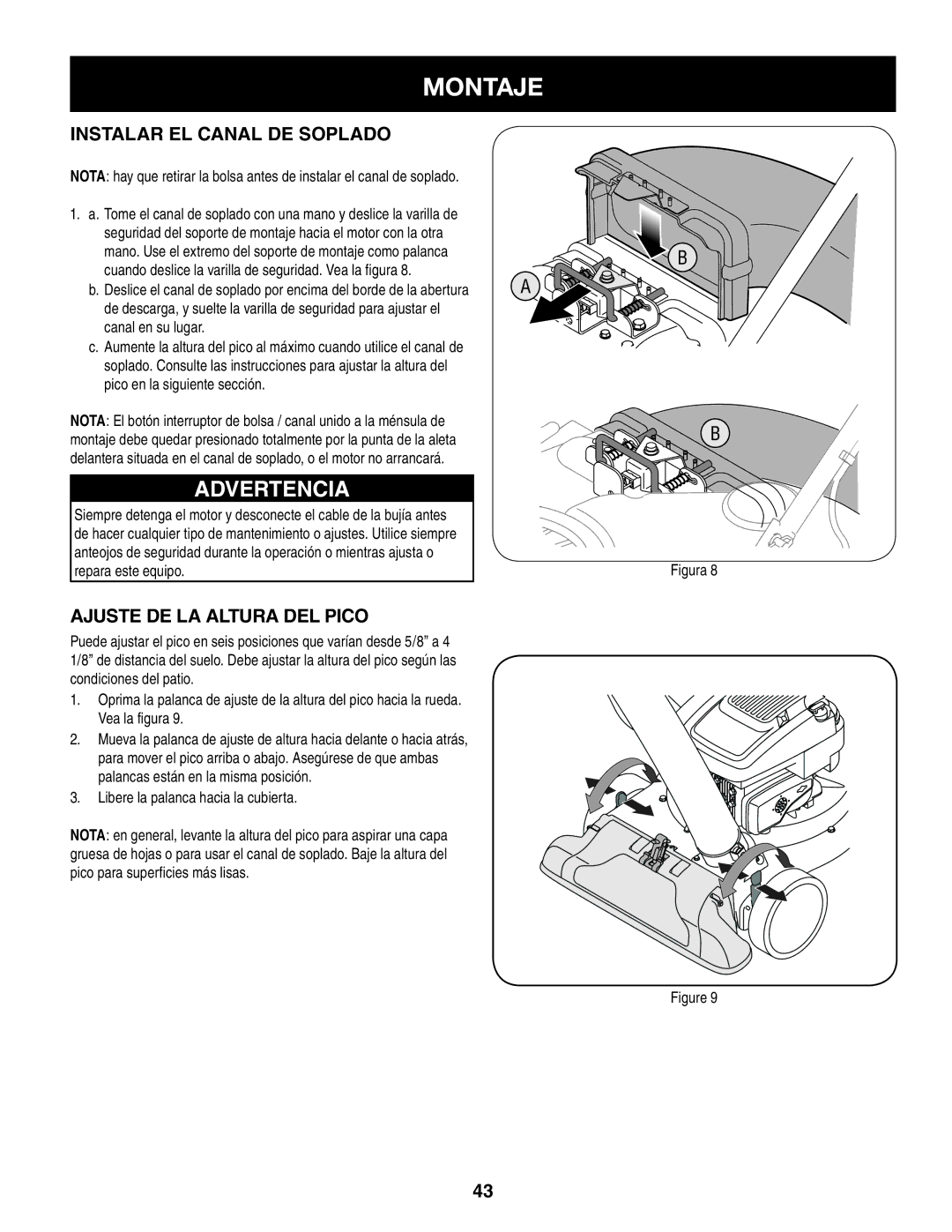 Craftsman 247.77013.0 Instalar EL Canal DE Soplado, Ajuste DE LA Altura DEL Pico, Libere la palanca hacia la cubierta 