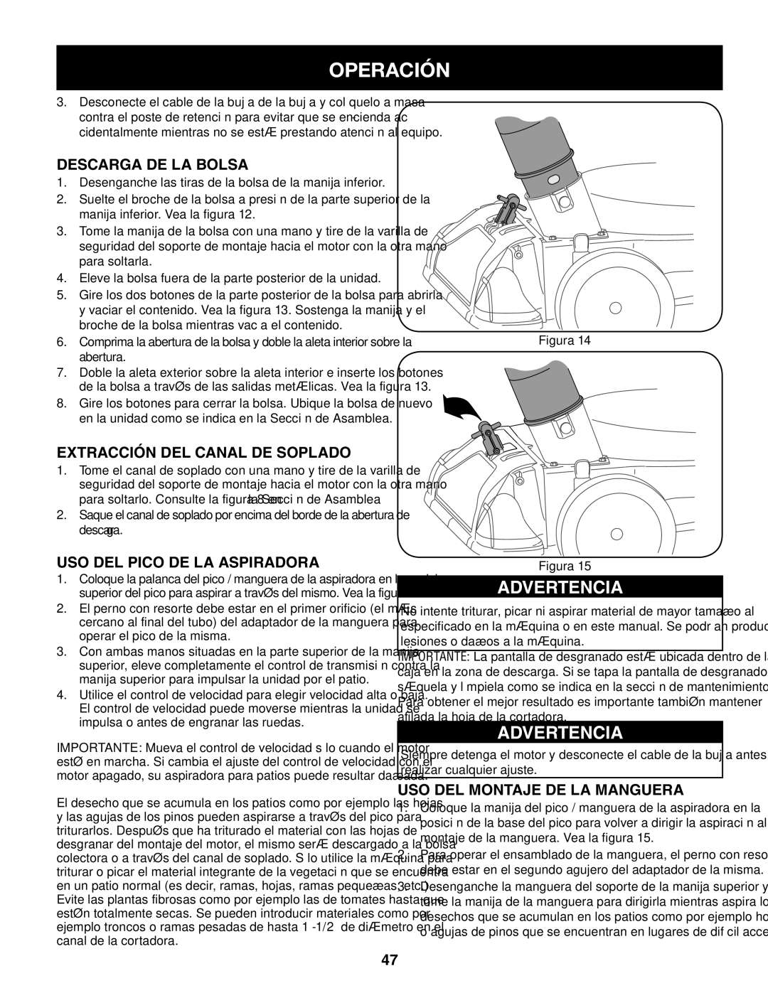 Craftsman 247.77013.0 manual Descarga DE LA Bolsa, Extracción DEL Canal DE Soplado, USO DEL Pico DE LA Aspiradora 