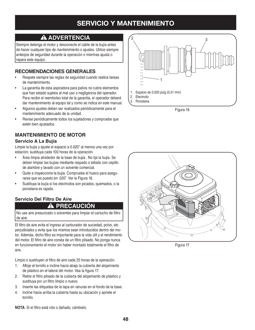 Craftsman 247.77013.0 Servicio Y Mantenimiento, Recomendaciones Generales, Mantenimiento de Motor, Servicio a La Bujía 