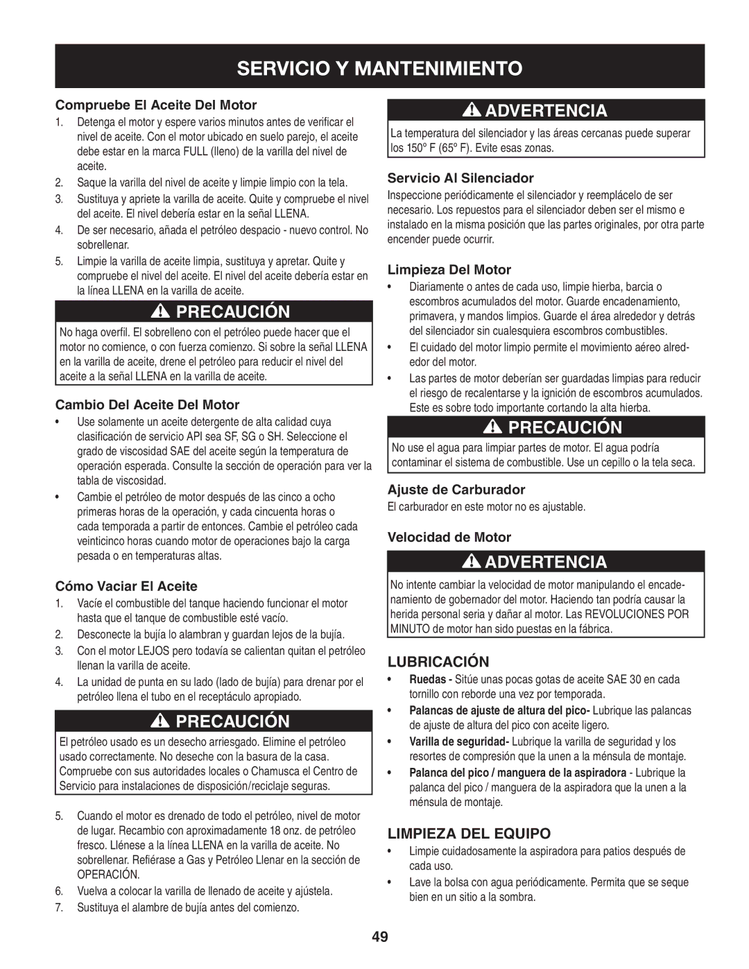 Craftsman 247.77013.0 manual Lubricación, Limpieza DEL Equipo 