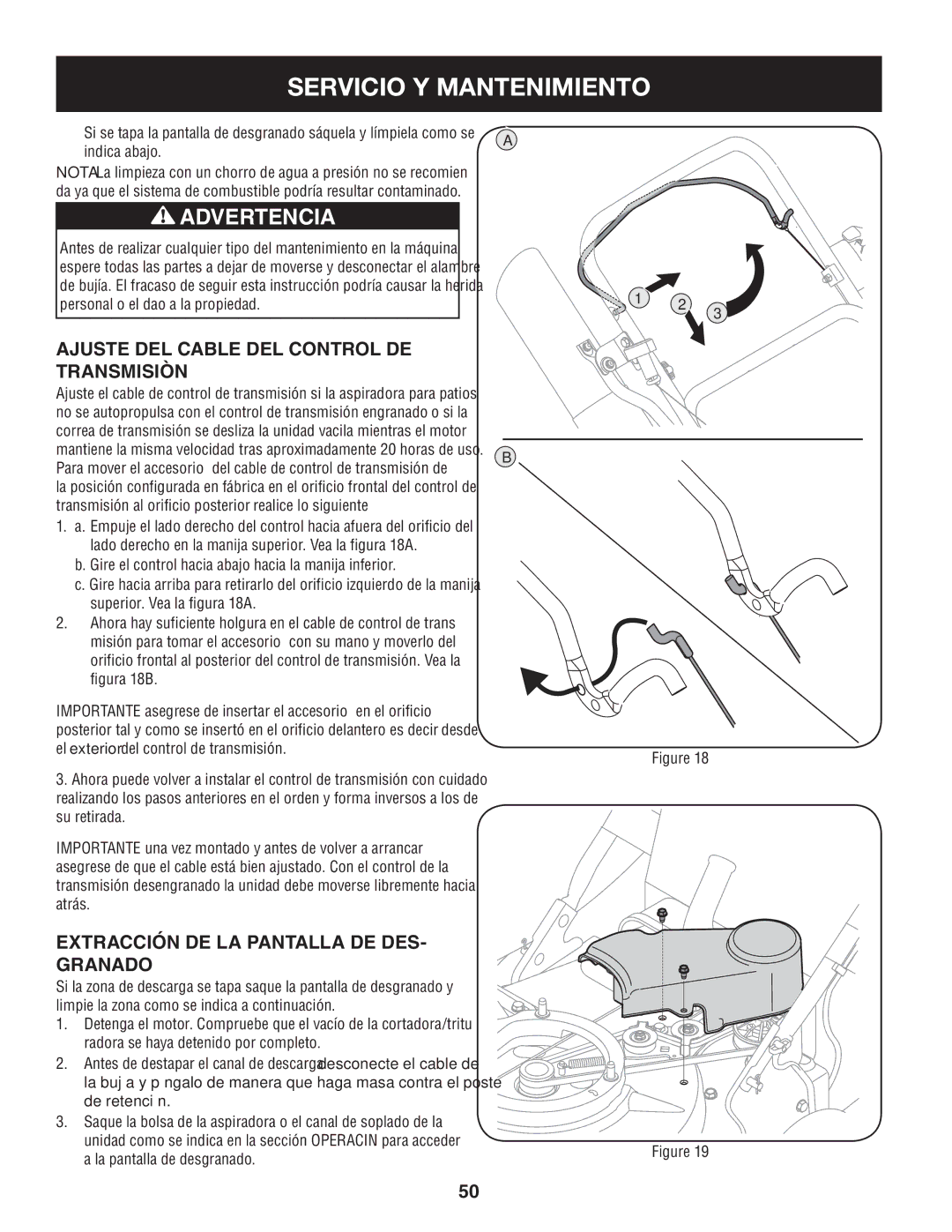 Craftsman 247.77013.0 manual Ajuste del Cable del Control de Transmisiòn, Extracción DE LA Pantalla DE DES- Granado 