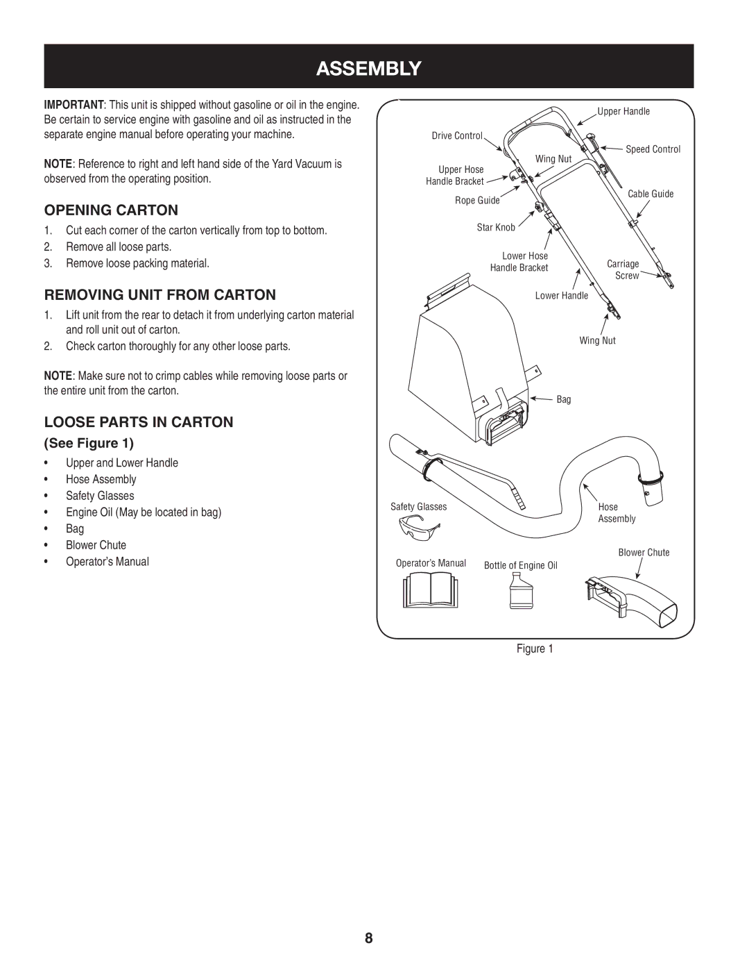 Craftsman 247.77013.0 manual Assembly, Opening Carton, Removing Unit from Carton, Loose Parts in Carton, See Figure 