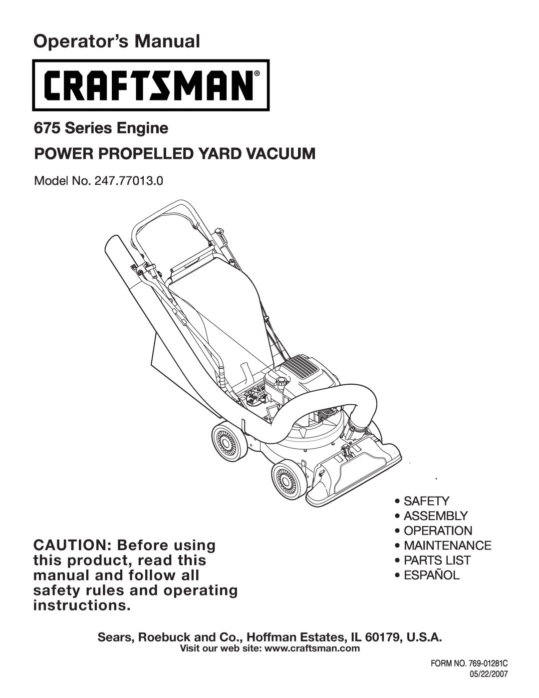 Craftsman 247.77013.0 manual Sears, Roebuck and Co., Hoffman Estates, IL 60179, U.S.A, Operator’s Manual 