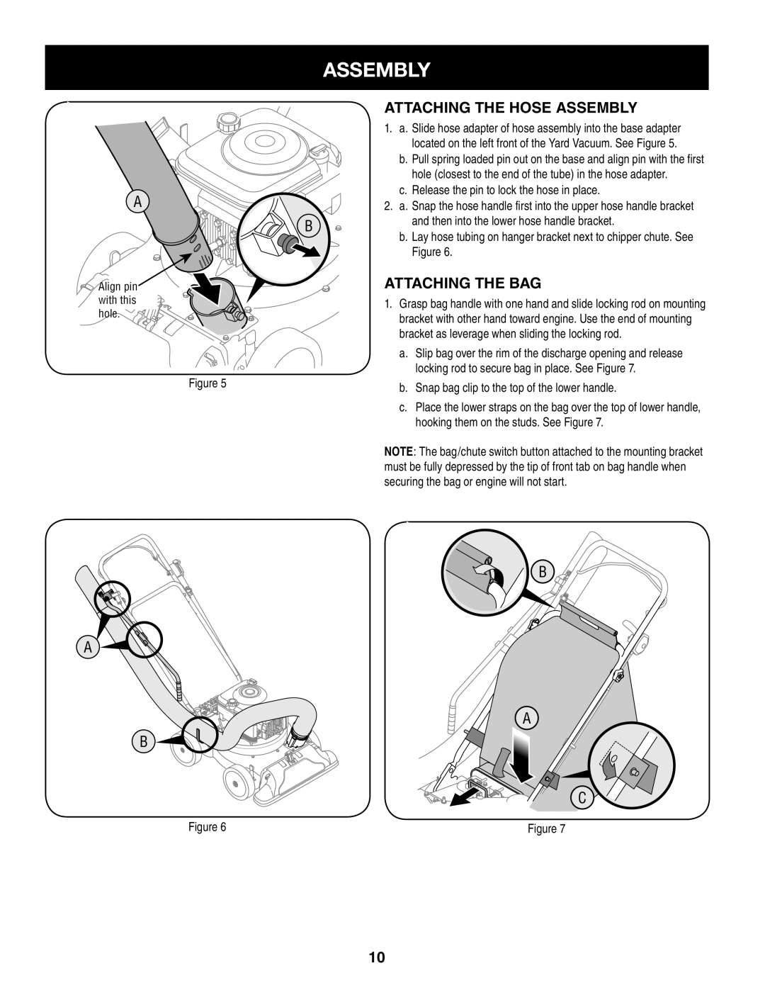 Craftsman 247.77013.0 manual Attaching The Hose Assembly, Attaching The Bag, B A A B C 
