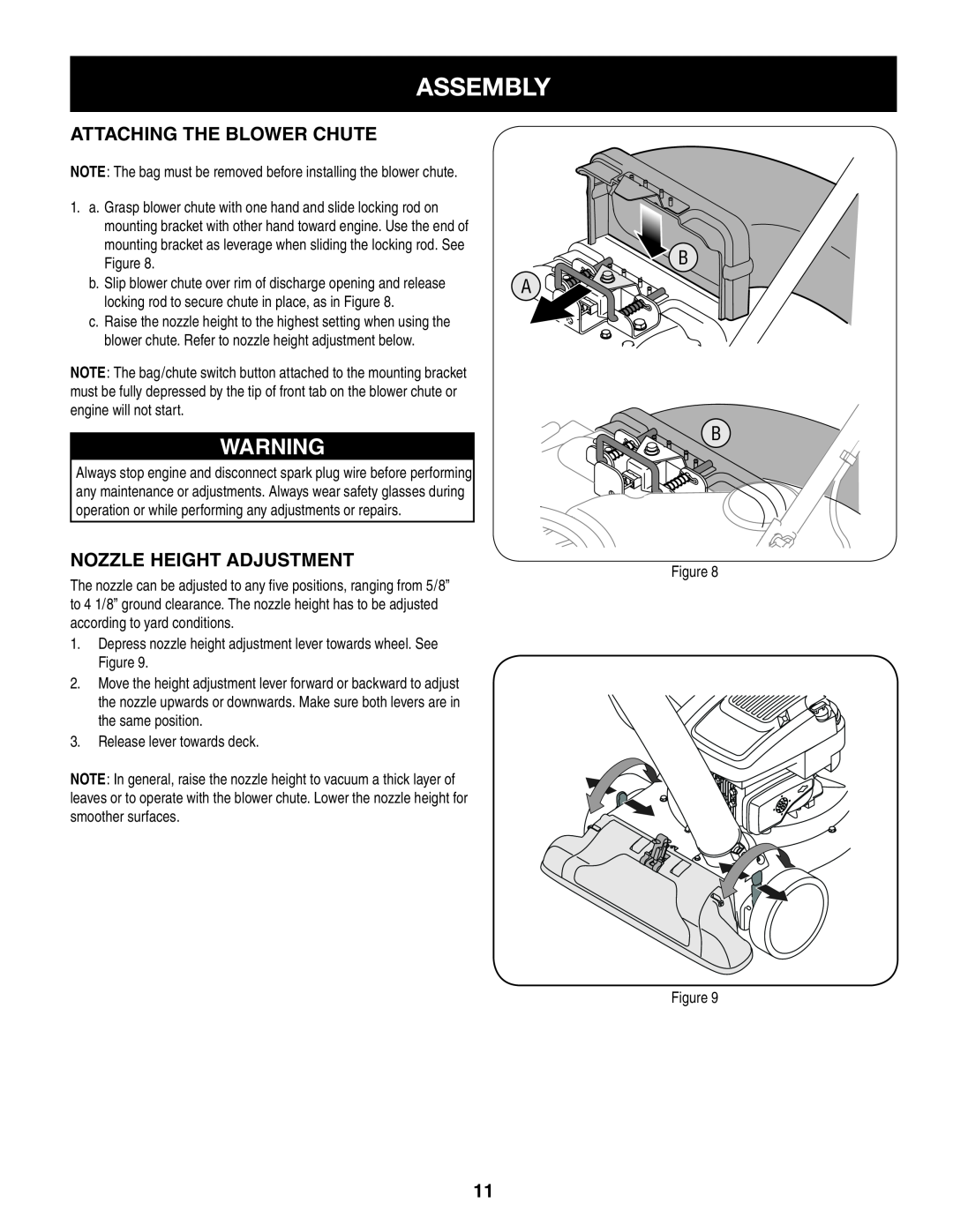 Craftsman 247.77013.0 manual Assembly, Attaching The Blower Chute, Nozzle Height Adjustment 