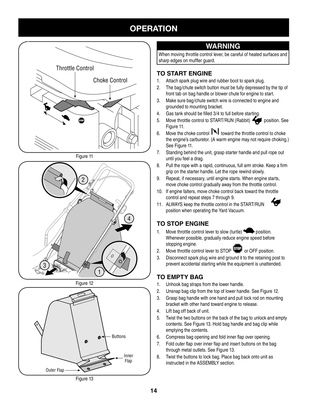 Craftsman 247.77013.0 manual Operation, To Start Engine, To Stop Engine, To Empty Bag 