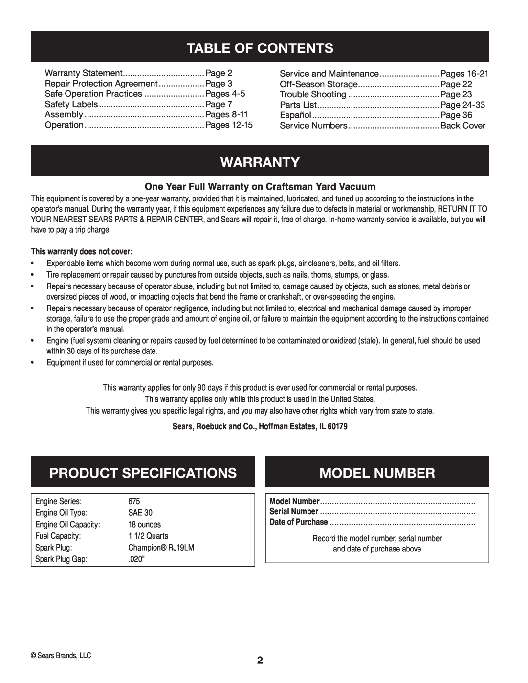Craftsman 247.77013.0 Table Of Contents, Warranty, Product Specifications, Model Number, This warranty does not cover 