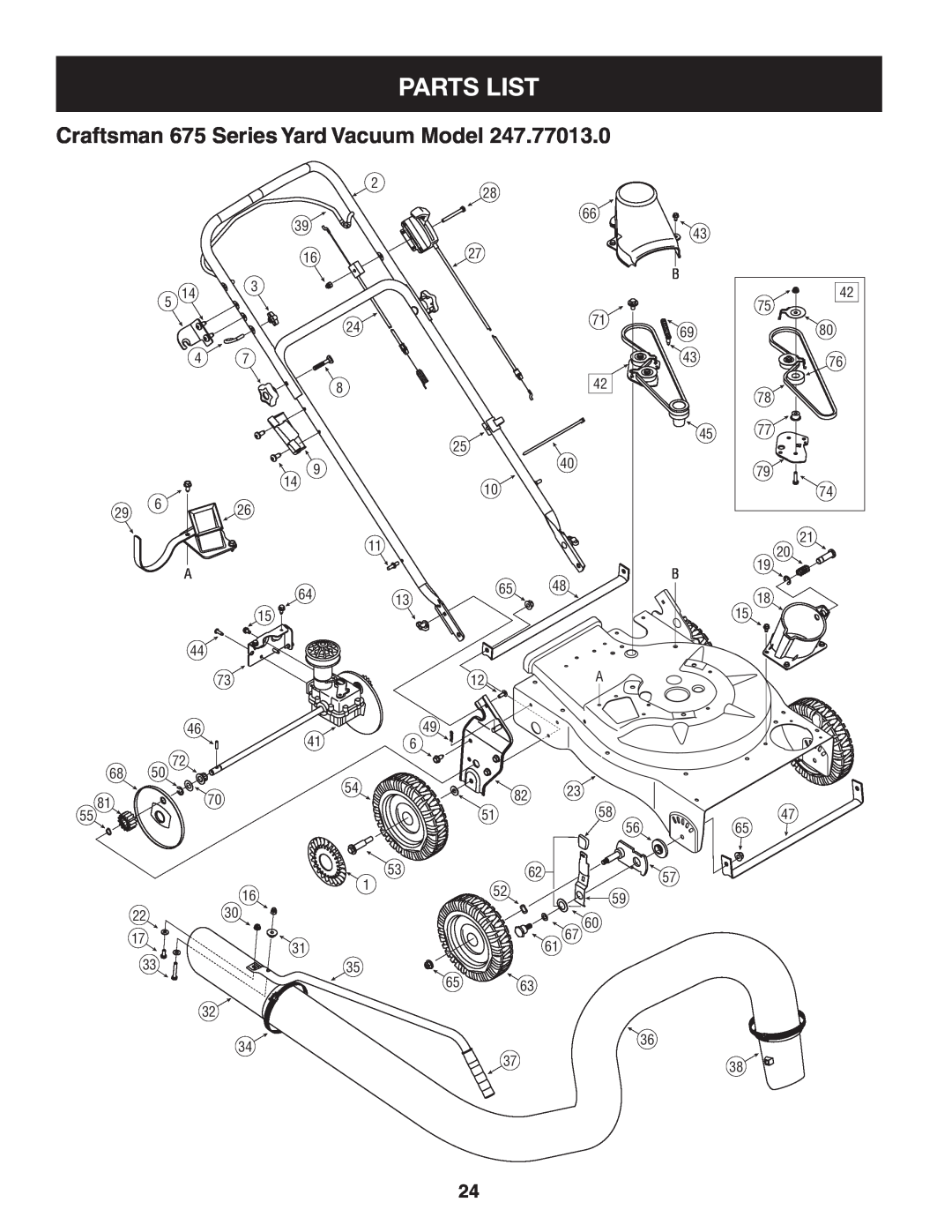 Craftsman 247.77013.0 manual Parts List, Craftsman 675 Series Yard Vacuum Model 